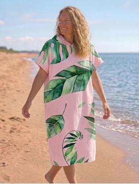 Tropical Leaves Print Hoodie Robe